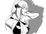  1girl arm_behind_head breasts final_fantasy final_fantasy_xiv greyscale hand_up head_tilt highres horns ishii_hisao large_breasts long_hair looking_at_viewer monochrome monster_girl o-ring o-ring_top parted_lips scales sling_bikini_top solo 