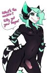  2022 anthro arm_markings arm_on_thigh athletic balls ceeli_(lezified) claws colored demon dialogue digital_drawing_(artwork) digital_media_(artwork) english_text fangs felid feline genitals girly green_tail half-erect hi_res horn hybrid lezified long_tail looking_at_viewer male mammal markings navel nipples nude penis pink_nose pose shaded slim smile solo speech_bubble tail_markings teal_eyes teasing text 