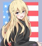  1girl :d abataa absurdres alternate_costume american_flag black_sweater blonde_hair blue_eyes blush character_name commentary dated from_side hair_between_eyes highres iowa_(kancolle) kantai_collection long_hair looking_at_viewer looking_to_the_side signature smile solo star-shaped_pupils star_(symbol) sweater symbol-shaped_pupils upper_body 