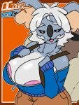  2022 anthro areola big_breasts blue_body blue_fur bottomwear breasts cleavage clothed clothing female fur generation_7_pokemon hair hi_res huge_breasts jyto komala mammal marsupial nintendo open_mouth pants pink_areola pokemon pokemon_(species) solo tongue topwear video_games zipper 