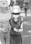  1boy 1girl blindfold blush bow bowtie facing_viewer greyscale haguhagu_(rinjuu_circus) height_difference highres holding_hands long_hair mask monochrome original outdoors parted_lips pleated_skirt sasha_(haguhagu) school_uniform skirt smile vest walking 