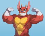  2022 abs ace_(lilo_and_stitch) alien anthro biceps blue_background digital_media_(artwork) disney experiment_(lilo_and_stitch) eyebrows flexing flexing_bicep flexing_both_biceps hi_res lilo_and_stitch male muscular muscular_anthro muscular_male navel pecs pose red_body red_skin shan_yao_jun simple_background smile solo teeth white_body white_skin yellow_body yellow_skin 