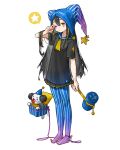  1girl black_hair black_shirt blue_headwear full_body hammer hand_up hat highres holding holding_hammer jack-in-the-box jester_cap long_hair one_eye_closed original pointy_footwear rinotuna shirt short_sleeves simple_background solo standing white_background yellow_eyes 