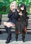  2girls an-94_(girls&#039;_frontline) android bench black_hair boots cherry cyborg eating food fruit girls&#039;_frontline gloves happy highres holding holding_food holding_spoon ice_cream ice_cream_cone j_adsen mod3_(girls&#039;_frontline) multiple_girls nyto_(girls&#039;_frontline) nyto_adeline_(girls&#039;_frontline) nyto_larvae_(girls&#039;_frontline) parfait park park_bench spoon tactical_clothes 