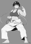  1girl abs absurdres barefoot breasts choker cleavage clenched_hand clothes_around_waist dougi fighting_stance full_body hand_wraps highres karate large_breasts makoto_(street_fighter) martial_arts_belt monochrome muscular muscular_female ribbon_choker short_hair solo speedl00ver street_fighter street_fighter_iii_(series) toes tomboy 