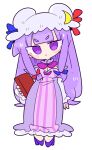  1girl bangs blue_bow blunt_bangs bow bowtie breasts bun_cover cleavage crescent crescent_hat_ornament double_bun dress hair_bun hat hat_bow hat_ornament high_heels highres large_breasts long_hair long_sleeves mob_cap neck_ribbon op_na_yarou patchouli_knowledge purple_bow purple_bowtie purple_dress purple_eyes purple_footwear purple_hair purple_headwear red_bow ribbon robe shoes simple_background solo striped striped_dress touhou vertical-striped_dress vertical_stripes very_long_hair white_background white_footwear wide_sleeves 