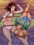  2girls aqua_hair armpits bachou_mouki bare_arms bare_legs barefoot bed_sheet bikini blue_bikini blue_scrunchie blush breasts brown_eyes brown_hair cleavage closed_mouth collarbone d: green_eyes hair_ornament hair_scrunchie high_ponytail ikkitousen indoors large_breasts leg_up long_hair looking_at_another lying multiple_girls on_back on_stomach open_mouth ryofu_housen scrunchie shiny shiny_hair shiny_skin sideboob smile soles swimsuit twintails underboob untied untied_bikini white_bikini 