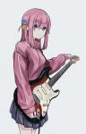  1girl black_skirt blue_eyes bocchi_the_rock! bokuya commentary_request cube_hair_ornament electric_guitar fender_stratocaster gotou_hitori guitar hair_ornament hair_over_eyes highres holding holding_plectrum instrument jacket long_hair long_sleeves looking_at_viewer one_side_up pink_hair pink_jacket pleated_skirt plectrum sidelocks simple_background skirt sleeves_past_wrists solo standing track_jacket white_background 