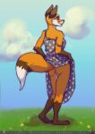 2019 anthro butt canid canine clothed clothing clothing_lift digital_media_(artwork) dress dress_lift female fox fur hi_res lirkov looking_at_viewer mammal no_underwear raised_clothing raised_dress red_fox simple_background smile solo 