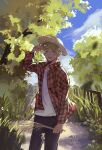  1boy adjusting_clothes adjusting_headwear bangs blonde_hair blue_eyes cloud cnzatsu8 day hat highres holding holding_plant long_sleeves looking_at_viewer making-of_available male_focus nijisanji nijisanji_en open_clothes open_shirt outdoors pants plaid plaid_shirt plant shirt sky smile solo sonny_brisko standing straw_hat tree virtual_youtuber white_shirt 