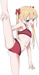  1girl absurdres ass bangs blonde_hair bouen breasts hair_between_eyes highres long_hair navel original small_breasts standing standing_on_one_leg twintails underwear white_background 