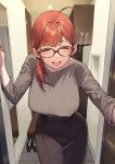  1girl 92m ^_^ ahoge breasts brown_skirt closed_eyes glasses grey_shirt highres large_breasts mature_female medium_hair open_mouth original ponytail red-framed_eyewear red_hair shirt short_hair skirt smile translation_request 