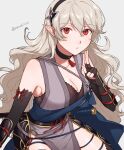  1girl bare_shoulders black_choker black_gloves breasts choker cleavage collarbone corrin_(fire_emblem) corrin_(fire_emblem)_(female) elbow_gloves fingerless_gloves fire_emblem fire_emblem_fates fire_emblem_heroes fishnet_top fishnets gloves grey_hair hairband hand_gesture highres katana long_hair looking_at_viewer medium_breasts ninja o-ring official_alternate_costume peach11_01 pelvic_curtain pointy_ears red_eyes sash shuriken_hair_ornament solo sword tassel watermark weapon 