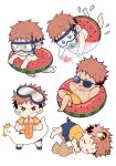  1boy aged_down animal_ears barefoot black_hair blue_shorts bright_pupils brown_eyes child closed_eyes closed_mouth cup disposable_cup diving_mask drink drinking drinking_straw drooling facial_mark fish goggles goggles_on_head grin highres holding holding_cup holding_drink innertube itadori_yuuji jujutsu_kaisen kemonomimi_mode looking_at_viewer lying male_child male_focus male_underwear multiple_views nipples on_side open_mouth pink_hair sand_castle sand_sculpture sandals shirt short_hair shorts simple_background sleeping smile snorkel snorkel_in_mouth spiked_hair splashing standing sunglasses tail tiger_boy tiger_ears tiger_tail tootigee topless_male undercut underwear water watermelon_innertube white_background white_pupils yellow_male_underwear yellow_shirt 