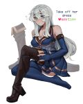  1girl absurdres ashe_(league_of_legends) bangs bare_shoulders blue_dress blue_eyes blue_thighhighs boots boots_removed breasts cleavage closed_mouth cookie3w3 dress english_text grey_hair highres knee_boots league_of_legends long_hair looking_at_viewer notice_lines shiny shiny_hair shoes sitting solo thighhighs twitter_strip_game 