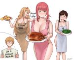  1boy 3girls absurdres apron artist_name black_hair blonde_hair blush breasts broccoli chainsaw_man chicken_(food) cleavage denji_(chainsaw_man) dismaiden food fork frilled_apron frills hair_between_eyes higashiyama_kobeni highres holding holding_fork holding_knife holding_plate horns knife large_breasts long_hair looking_at_another looking_at_viewer makima_(chainsaw_man) medium_breasts medium_hair multiple_girls naked_apron open_mouth peace_symbol plate power_(chainsaw_man) red_hair red_horns shaking sharp_teeth short_hair sidelocks simple_background single_sidelock smile teeth toast white_background wide_hips yellow_eyes 