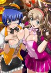  2girls :d animal_ears animal_hands bangs black_bow black_bowtie black_hairband black_headwear black_skirt blue_eyes blue_hair blunt_bangs bow bowtie breast_press breasts brown_gloves capelet cleavage collarbone dress earrings eyepatch fake_animal_ears frilled_skirt frills fur-trimmed_capelet fur_trim gloves green_eyes hairband halloween_costume hat hat_ribbon ikkitousen jewelry large_breasts light_brown_hair long_hair magatama magatama_earrings midriff mini_hat miniskirt mole mole_under_mouth multiple_girls navel orange_ribbon paw_gloves pencil_skirt pink_bow pink_bowtie pleated_dress rabbit_ears red_capelet red_dress red_hairband ribbon ryomou_shimei shiny shiny_hair short_dress short_hair skirt smile sonken_chuubou stomach strapless strapless_dress werewolf_costume witch witch_hat 