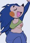  animal_crossing anthro areola big_breasts blue_body blue_bottomwear blue_clothing blue_fur blue_jeans blue_pants bottomwear breasts cleavage clothed clothing crossed_legs denim denim_clothing eulipotyphlan eyelashes eyes_closed female fur green_clothing green_topwear grey_background hedgehog hi_res jeans lovetopullmicke mabel_able mammal navel nintendo nipples one_breast_out open_mouth pants pink_areola pink_nipples rosy_cheeks simple_background sitting solo tan_body tan_fur thick_thighs topwear video_games wide_hips 