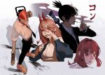  2boys 2girls black_hair black_jacket black_necktie black_pants blonde_hair blood blood_on_face blue_jacket braid braided_ponytail chainsaw chainsaw_man cigarette collared_shirt cross-shaped_pupils denji_(chainsaw_man) formal fox_shadow_puppet hair_between_eyes hayakawa_aki highres hjoi_(fyhjoire) holding holding_weapon horns jacket katana long_hair looking_at_viewer looking_to_the_side makima_(chainsaw_man) medium_hair multiple_boys multiple_girls necktie pants power_(chainsaw_man) red_eyes red_hair red_horns sharp_teeth shirt shirt_tucked_in short_hair sidelocks simple_background sleeves_rolled_up smoke smoking suit sword symbol-shaped_pupils teeth topknot weapon weapon_on_back white_background white_shirt wiping_face 
