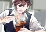  1boy blue_vest blurry blurry_background chopsticks closed_eyes collared_shirt cup_ramen eating eyewear_on_head facing_viewer food green_necktie hair_behind_ear hair_between_eyes highres holding holding_chopsticks kotobuki_reiji male_focus mofmofqueue necktie noodles open_collar open_mouth shirt short_hair sleeves_rolled_up solo sunglasses teeth upper_body uta_no_prince-sama vest watch white_shirt wristwatch 