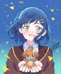  1other artist_name blue_background blue_eyes blue_hair bob_cut brown_jacket collared_shirt dated delicious_party_precure dog fuwa_kokone gradient gradient_background jacket leaf long_sleeves looking_at_another mel-chan neckerchief open_mouth pam-pam_(precure) precure school_uniform shinsen_middle_school_uniform shirt signature tears upper_body white_shirt 
