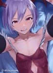  1girl :p akisa_yositake armpits bare_shoulders blush breasts closed_mouth collarbone commentary_request head_wings lilith_aensland looking_at_viewer lying on_back purple_hair red_eyes short_hair small_breasts smile solo tongue tongue_out twitter_username upper_body vampire_(game) 