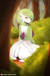  1girl absurdres androgynous ass blush bob_cut bush colored_skin curvy dress english_commentary feet forest fraankyy from_behind gardevoir green_hair green_skin hair_over_one_eye highres looking_at_viewer looking_back nature on_floor open_mouth outdoors pokemon pokemon_(creature) red_eyes short_hair sitting solo_focus thick_thighs thighs tongue white_dress white_skin wide_hips 