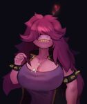  2022 5_fingers absurd_res anthro between_breasts big_breasts black_background breasts cleavage clothed clothing deltarune female fingers hair hair_over_eyes hi_res larger_female monster pruple_skin simple_background size_difference smile solo susie_(deltarune) teeth ti-suger topwear undertale_(series) video_games 