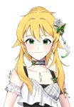  1girl :3 absurdres arm_strap blonde_hair butterfly_hair_ornament choker chung_gyul closed_mouth collarbone earrings flower green_eyes hair_flower hair_ornament highres hoshii_miki idolmaster idolmaster_(classic) jewelry long_hair necklace rose shiny shiny_hair short_hair_with_long_locks sidelocks simple_background smile solo upper_body white_background white_flower white_rose 
