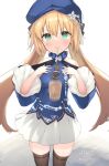  1girl absurdres artoria_caster_(concept_dress)_(fate) artoria_caster_(fate) artoria_pendragon_(fate) bangs bare_shoulders beret blonde_hair blue_dress blue_headwear blue_sleeves blush brown_thighhighs bubble_tea bubble_tea_challenge closed_mouth commentary_request detached_sleeves dress failure fate/grand_order fate_(series) flower green_eyes hair_between_eyes hat hat_flower highres long_hair long_sleeves looking_at_viewer motion_blur mouth_hold ochinsama pleated_skirt signature skirt sleeveless sleeveless_dress solo thighhighs twitter_username very_long_hair white_flower white_skirt 