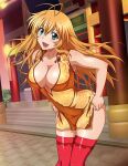  1girl :d alternate_costume antenna_hair bangs bare_arms blonde_hair blush breasts china_dress chinese_clothes cleavage collarbone day dress fangs floating_hair green_eyes hair_between_eyes ikkitousen large_breasts long_hair open_mouth outdoors panties print_dress red_thighhighs shiny shiny_hair shiny_skin short_dress sleeveless sleeveless_dress smile solo sonsaku_hakufu standing thighhighs underwear very_long_hair yellow_dress 