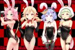  4girls :q ahoge animal_ears animal_hood ass bangs bangs_pinned_back bare_back bare_shoulders black_gloves black_leotard black_pantyhose blunt_bangs bow bowtie breasts cat_ears cat_girl cat_tail choker cleavage cocktail_glass cocktail_shaker coin_hair_ornament collarbone commentary_request cup dango detached_collar diona_(genshin_impact) drinking drinking_glass drinking_straw drinking_straw_in_mouth elbow_gloves extra_ears fake_animal_ears fake_tail fish-flavored_toast fishnet_pantyhose fishnets food forehead from_side genshin_impact gloves hair_between_eyes hair_ornament hair_ribbon hairband holding hood klee_(genshin_impact) leotard light_brown_hair long_hair looking_at_viewer looking_to_the_side low_twintails milk multiple_girls ninja ofuda orange_eyes pantyhose plate playboy_bunny pointy_ears qiqi_(genshin_impact) rabbit_ears rabbit_hood raccoon_tail rena_(riries) ribbon sanshoku_dango sayu_(genshin_impact) short_hair side_ponytail sidelocks single_fishnet_legwear sleeveless strapless strapless_leotard tail thick_eyebrows tongue tongue_out trau tripping twintails wagashi wrist_cuffs 