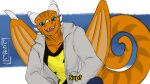  anthro blue_eyes chameleon cheek_horn chem_(dragon_chem) clothed clothing dragon facial_horn hi_res horn hybrid lizard male nose_horn orange_body orange_scales reptile scales scalie shirahoshid solo 