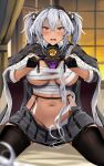  1girl black_gloves black_thighhighs blush breasts coat glasses gloves grey_coat grey_hair grey_skirt groin hair_between_eyes highres holding holding_clothes holding_panties holding_underwear kantai_collection large_breasts long_hair looking_at_viewer musashi_(kancolle) navel open_mouth panties partially_fingerless_gloves purple_panties red_eyes rimless_eyewear sarashi skirt solo thighhighs two_side_up underwear yunamaro 