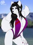  2022 anthro black_hair black_nose breasts canid canine canis cleavage clothed clothing colored_nails digital_media_(artwork) female fingernails flat_colors fur ghostwolf hair lake mammal mature_anthro mature_female nails navel one-piece_swimsuit outside purple_nails sara_prydein signature smile solo swimwear water white_body white_fur wolf 