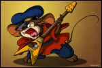  2017 an_american_tail anthro barefoot belt bottomwear buckteeth clothed clothing coat don_bluth dutch_(artist) electric_guitar feet fievel_mousekewitz fur guitar hat headgear headwear holding_guitar holding_musical_instrument holding_object leaning leaning_forward male mammal mouse murid murine musical_instrument open_mouth pants playing_guitar playing_music plucked_string_instrument raised_tail red_nose rodent signature solo standing string_instrument teeth tongue topwear whiskers wide_eyed 