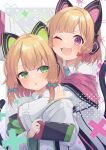  2girls :3 bangs blonde_hair blue_archive blue_necktie blush bow cat_ear_headphones cat_tail check_commentary chestnut_mouth coat commentary_request green_bow green_eyes grey_background hair_bow halo handheld_game_console headphones highres holding holding_handheld_game_console hug long_sleeves looking_at_another looking_at_viewer midori_(blue_archive) momoi_(blue_archive) multiple_girls necktie one_eye_closed open_mouth oversized_clothes pink_eyes plus_sign red_bow shirt short_hair siblings sisters smile tail upper_body v-shaped_eyebrows white_coat white_shirt wing_collar yuki_(t-yamayamaji43) 