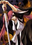  1girl bangs bleach eyepatch hair_between_eyes harukey highres jacket japanese_clothes jewelry katana long_hair long_sleeves looking_at_viewer open_mouth purple_eyes purple_hair saitou_furoufushi shinigami simple_background smile solo sword tongue tongue_out twintails weapon white_background 