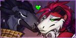  &lt;3 2:1 anthro black_body black_hair black_horn black_scales border brown_horn cheek_tuft closed_smile clothed clothing dragon duo eyes_closed facial_tuft fangs female fur furred_dragon glistening glistening_eyes grey_body grey_fur hair horn kardinaluz licking licking_another male mouth_closed narrowed_eyes red_hair scales shadowwolfhunter side_view simple_background tongue tongue_out tuft white_body white_fur 