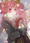  1girl bag bangs blurry blurry_background blush bow brown_coat brown_scarf brown_skirt christmas closed_mouth coat gift gift_bag hair_ribbon holding holding_bag long_hair long_sleeves looking_at_viewer momoi_airi more_more_jump!_(project_sekai) nwds3248 open_clothes open_coat outdoors pink_hair project_sekai red_bow red_eyes ribbon scarf skirt snowing solo two_side_up upper_body yellow_ribbon 