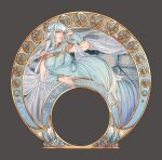  1girl absurdres art_nouveau bangs bare_shoulders breasts dress fire_emblem fire_emblem:_the_blazing_blade hand_in_own_hair highres iaurencin large_breasts lips long_dress looking_at_viewer lying ninian_(fire_emblem) on_side sash smile solo white_hair wrist_cuffs 