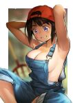  1girl :d armpits arms_behind_head arms_up bandaid bandaid_on_face bangs bare_arms bare_shoulders baseball_cap blurry blurry_background border breasts brown_hair cleavage collarbone denim grin hair_between_eyes hat large_breasts looking_to_the_side naked_overalls no_bra open_clothes open_mouth outside_border overalls purple_eyes red_headwear sideboob sitting sleeveless smile solo twinpoo upper_body white_border 