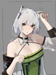  1girl animal_ears arknights arm_up bangs bare_shoulders breasts cat_ears cleavage commentary criss-cross_halter detached_sleeves dress green_dress green_eyes grey_background grey_hair halterneck hand_up kal&#039;tsit_(arknights) large_breasts long_sleeves looking_at_viewer nuggetkouhai parted_lips short_hair simple_background solo upper_body 