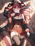  absurdres ai-generated black_coat black_gloves breasts coat cropped_jacket gloves gold_trim highres hita_lord_ai hololive houshou_marine jacket large_breasts long_hair lying miniskirt off_shoulder red_eyes red_hair red_jacket skirt thighs virtual_youtuber yellow_eyes 