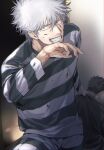  2boys blood blood_on_clothes blood_on_face collar_grab gintama grin highres long_sleeves looking_at_viewer male_focus multiple_boys pants prison_clothes red_eyes rf69 sakata_gintoki shirt short_hair smile solo_focus striped striped_shirt white_hair 