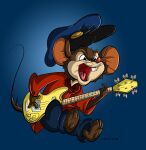  2018 an_american_tail anthro barefoot bottomwear buckteeth clothed clothing don_bluth dutch_(artist) electric_guitar feet fievel_mousekewitz fur guitar hat headgear headwear holding_guitar holding_musical_instrument holding_object jumping male mammal mouse murid murine musical_instrument open_mouth pants paws plucked_string_instrument raised_tail red_nose rodent shirt signature solo string_instrument teeth tongue topwear whiskers wide_eyed 