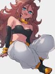  1girl :d android_21 blue_eyes bracelet breasts choker cleavage dragon_ball dragon_ball_fighterz earrings grey_background hair_ornament hoop_earrings jewelry kemachiku long_hair looking_at_viewer majin_android_21 medium_breasts midriff open_mouth pants red_hair simple_background sitting smile solo white_pants yellow_choker 