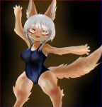  anthro backlighting blush blush_lines bodily_fluids breasts brown_body brown_fur clothed clothing female fur hair hi_res lagomorph leporid light lighting made_in_abyss mammal nanachi narehate open_mouth rabbit ryogo school_swimsuit simple_background solo sweat sweatdrop sweaty_legs swimwear white_hair yellow_eyes 