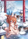  1girl animal_ear_fluff animal_ears bangs bare_arms bare_shoulders bare_tree bathing blue_eyes blue_sky blush borrowed_character breasts closed_mouth collarbone day fox_ears fox_girl hair_between_eyes hair_intakes hair_up hand_up highres holding holding_hair lamp large_breasts looking_at_viewer mountain mountainous_horizon naked_towel onsen orange_hair original outdoors partially_submerged rock sidelocks sky smile snow snowing solo steam tacco_(tikeworld) towel tree upper_body water white_towel winter 