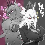  1girl breast_grab breasts demon_girl demon_horns from_behind grabbing heart heart-shaped_pupils helltaker highres horns large_breasts lucifer_(helltaker) mole mole_under_eye necktie nipple_tweak nipples nude red_eyes sweat symbol-shaped_pupils 